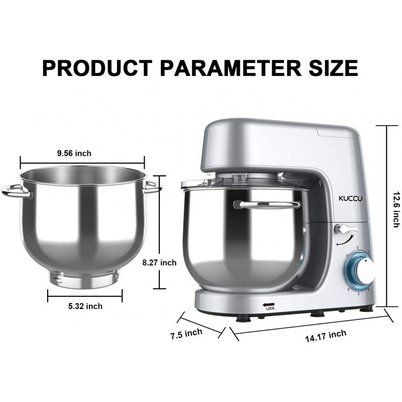 [110볼트] KUCCU 스탠드 믹서, 8.5Qt 660W, 6단 틸트 헤드 식품 반죽 믹서, 도우 후크가 있는 전기 주방 믹서, 플랫 비터 및 와이어 휘젓기, 믹싱 볼(8.5-QT, 실버): 가정 및 주방