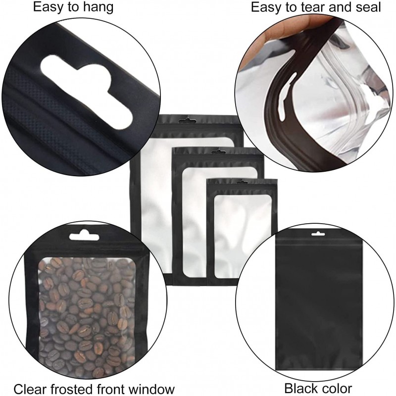 300 팩 3 크기 Resealable Mylar 가방 식품 보관 냄새 방지 가방 전면 창 포장 파우치 샘플 스낵 쿠키 보석 (검정색, 3 x 4.7 인치, 4 x 6 인치, 4.7 x 7.9 인치) : 건강 및 가정