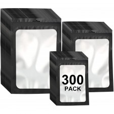 300 팩 3 크기 Resealable Mylar 가방 식품 보관 냄새 방지 가방 전면 창 포장 파우치 샘플 스낵 쿠키 보석 (검정색, 3 x 4.7 인치, 4 x 6 인치, 4.7 x 7.9 인치) : 건강 및 가정