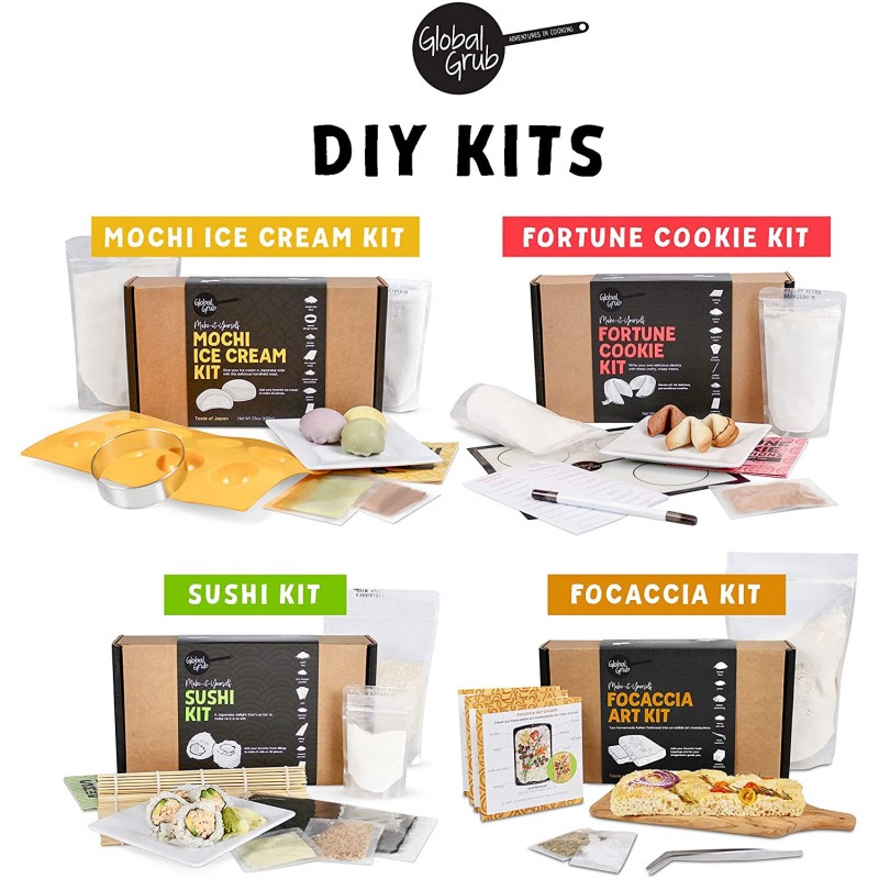 Global Grub DIY Fortune Cookie Kit - 개인화 Fortune Cookies Kit에는 페이스트리 가루, 설탕, 코코아 가루, 베이킹 매트, 종이 포춘, 식용 잉크 펜, 단계별 지침이 포함됩니다. Makes 48.: 가정 및 주방