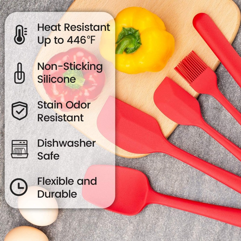 실리콘 주걱 세트, 붙지 않는 조리 및 베이킹용 내열 주방 주걱, 이음새가 없는 원피스 디자인, 유연한 주걱, 식기세척기 사용 가능, 고무 주걱 5종 세트(빨간색): 홈 & 키친