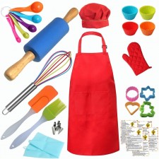 완전한 리얼 키즈 베이킹 세트 요리 도구 키트에는 앞치마, 요리사 모자, 오븐 미트, 롤링 핀 쿠키 커터가 포함되어 있습니다. 소녀와 소년을 위한 레시피 42개: 가정 및 주방