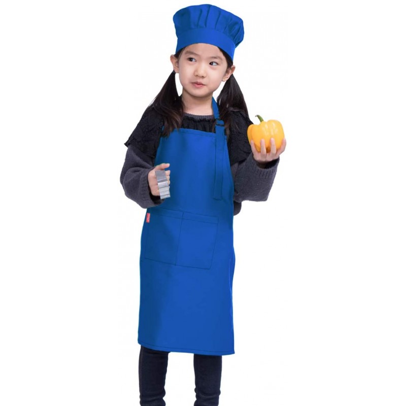 ALIPOBO 어린이 앞치마 및 요리사 모자 세트, 2개의 포켓이 있는 어린이용 조절식 턱받이 앞치마. 요리, 베이킹, 그림, 트레이닝복을 위한 귀여운 소년 소녀 주방 앞치마(6-12세, 파란색) : 가정 및 주방