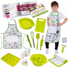 Born Toys Kids Cooking & Kids Baking Set - Kids Chef Set에는 컬러블 키즈 요리 앞치마, 쉽고 재미있고 안전한 요리법 책, 어린이와 같은 실제 어린이 주방 용품이 포함되어 있습니다. 5-10세용 안전한 칼 및 타이머: 가정 및 주방