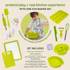 Born Toys Kids Cooking & Kids Baking Set - Kids Chef Set에는 컬러블 키즈 요리 앞치마, 쉽고 재미있고 안전한 요리법 책, 어린이와 같은 실제 어린이 주방 용품이 포함되어 있습니다. 5-10세용 안전한 칼 및 타이머: 가정 및 주방