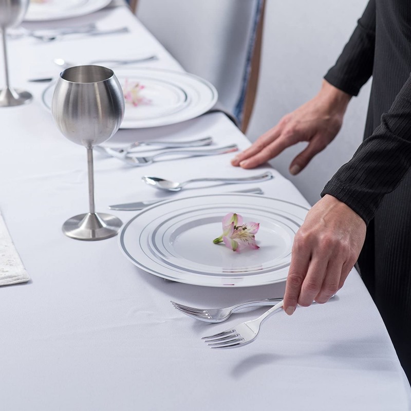 칼붙이가 있는 멋진 일회용 접시 - 결혼식, 파티, 베이비 샤워, 생일, 휴일을 위한 125개 은색 플라스틱 파티 접시 및 식기류 - 25명의 손님을 위한 서비스(은색 테두리): 식기류 세트