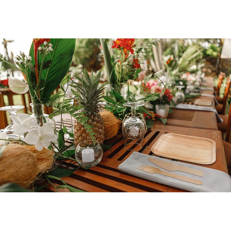 HABBIBI 친환경 8인치 25야자잎 접시 25포크 & 25나이프; 생분해성 일회용 퇴비화 가능한 사각 대나무 접시 웨딩 파티 이벤트를 위한 천연 나무 식기류 세트 행사: 건강 및 가정