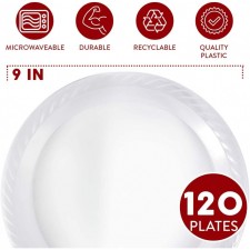 파티 및 저녁 식사를 위해 Framo로 대량의 9 인치 일회용 투명 플라스틱 접시, 그리고 모든 경우, 전자 레인지, 바베큐, 여행 및 이벤트 (9 인치 120 팩) : 건강 및 가정