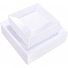 Liacere 60개 흰색 플라스틱 접시 - 파티/웨딩용 프리미엄 흰색 사각형 일회용 접시 - 30개 9.5인치 흰색 디너 플레이트 포함 - 30개 7인치 흰색 디저트/샐러드 접시 : 건강 및 가정