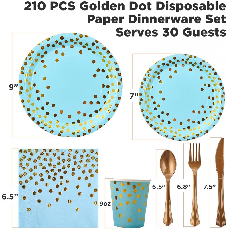 210 조각 골든 도트 식기 세트 손님 30명 - 파란색 종이 접시 60개, 금색 플라스틱 식기 30개, 종이컵 30개, 종이 냅킨 30개, 졸업식을 위한 FOCUSLINE 일회용 파티 식기 생일 결혼식: 건강 및 가정