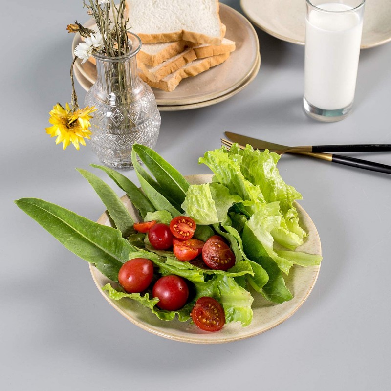Hasense 8 인치 도자기 디저트 샐러드 접시 4 개 세트, 불규칙한 모양과 얼룩이 간식에 완벽한 세라믹 접시 전채 홈 파티 및 레스토랑, 라이트 브라운: 디너 플레이트
