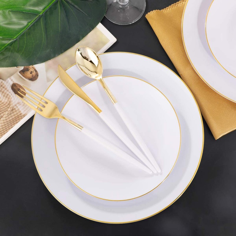 DaYammi 30인용 금색 플라스틱 접시와 일회용 은 식기, 흰색 손잡이가 있는 금 칼, 결혼식 및 파티용 흰색 및 금색 일회용 식기 : 기타 모든 것