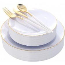 DaYammi 30인용 금색 플라스틱 접시와 일회용 은 식기, 흰색 손잡이가 있는 금 칼, 결혼식 및 파티용 흰색 및 금색 일회용 식기 : 기타 모든 것