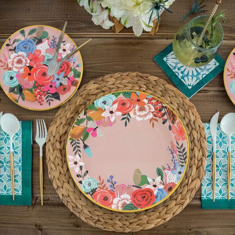 150 조각 일회용 종이 접시 및 컵 세트, 금박 디자인, 결혼식 및 파티 용품 세트와 함께 Monet Garden에서 영감을 얻은 분홍색 꽃. 디너 플레이트 50개, 디저트 플레이트 50개, 컵 50개 포함: 건강 및 가정