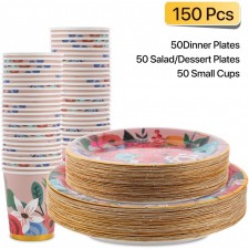 150 조각 일회용 종이 접시 및 컵 세트, 금박 디자인, 결혼식 및 파티 용품 세트와 함께 Monet Garden에서 영감을 얻은 분홍색 꽃. 디너 플레이트 50개, 디저트 플레이트 50개, 컵 50개 포함: 건강 및 가정