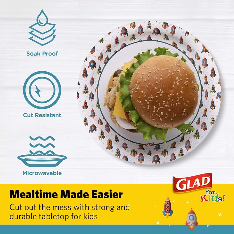 GLAD for Kids 8 1/2인치 종이접시 | 어린이를 위한 귀여운 로켓 디자인의 작은 원형 종이 접시 | 모든 경우를 위한 처분할 수 있는 담그는 증거 전자 렌지 가능한 종이 접시, 20 카운트: 기타 모든 것