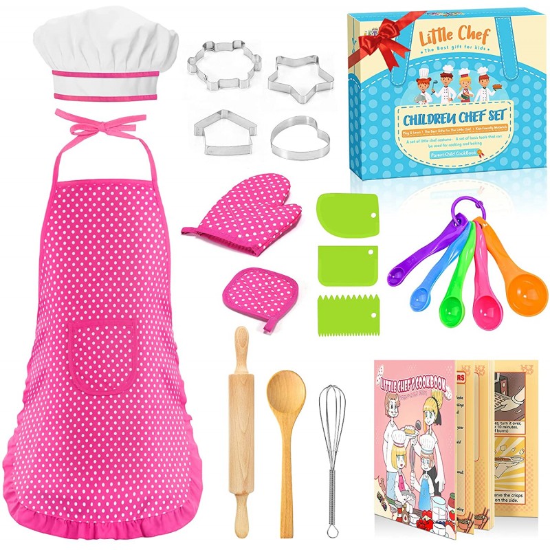 STRAWBETTER 셰프 모자가 있는 소녀용 어린이 앞치마, 20 Pcs 요리 세트, 유아용 앞치마, 3 4 5 6세를 위한 소녀 선물: 장난감 및 게임