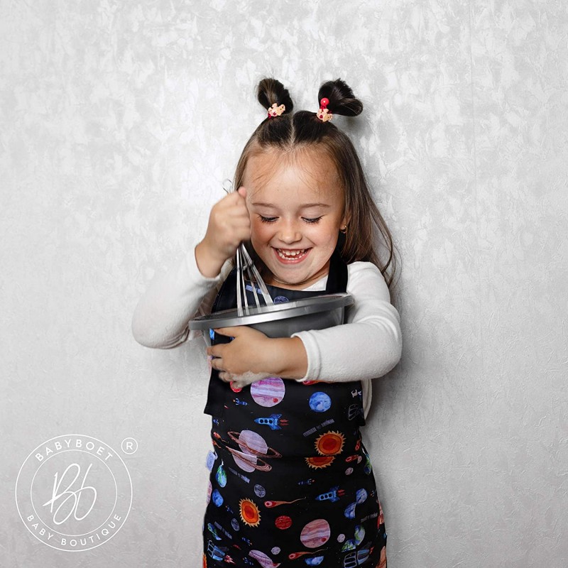 소녀와 소년을 위한 BABYBOET 어린이 앞치마 – 그림, 요리, 베이킹, 원예 및 공예용 포켓이 있는 중간 아동 예술 작업복 – 조절 가능한 목 스트랩이 있는 면에 남녀 공용 인쇄-Cosmic Collection : 가정 및 주방