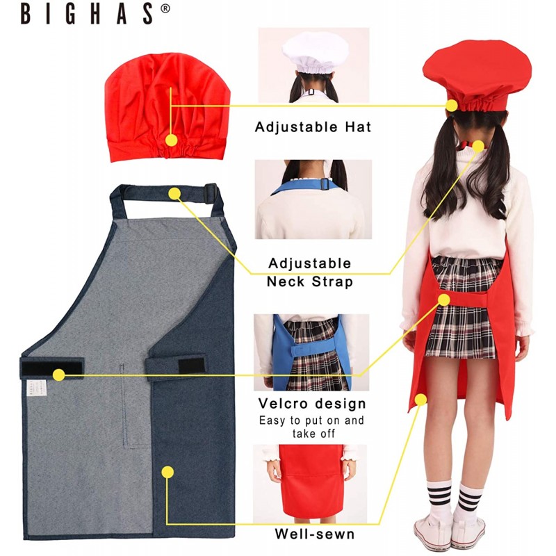 BIGHAS Kids Apron with Pocket Chef Hat 조절 가능한 넥 스트랩 벨크로 디자인 허리밴드 베이킹, 페인팅, 요리용 ((3'11