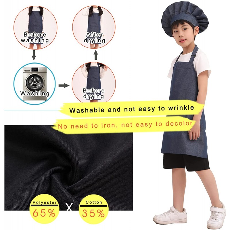 BIGHAS Kids Apron with Pocket Chef Hat 조절 가능한 넥 스트랩 벨크로 디자인 허리밴드 베이킹, 페인팅, 요리용 ((3'11