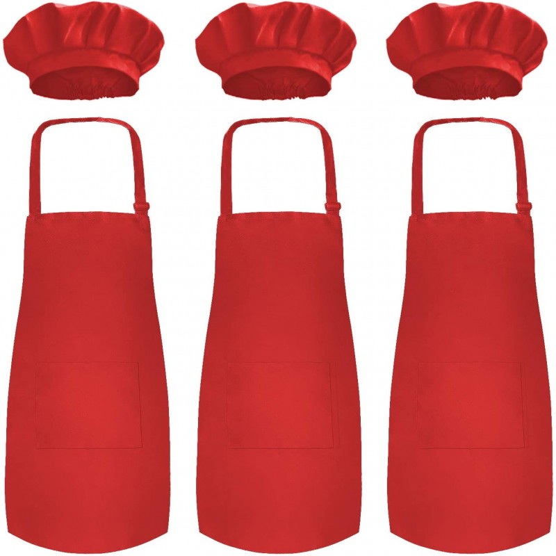 Novelty Place Kid's Apron with Chef Hat Set (3 Set) - 아동용 턱받이와 포켓 피부 친화적인 원단 - 요리, 베이킹, 페인팅, 트레이닝복 - 아동용 사이즈(6-12세, 빨강) : 가정 및 주방