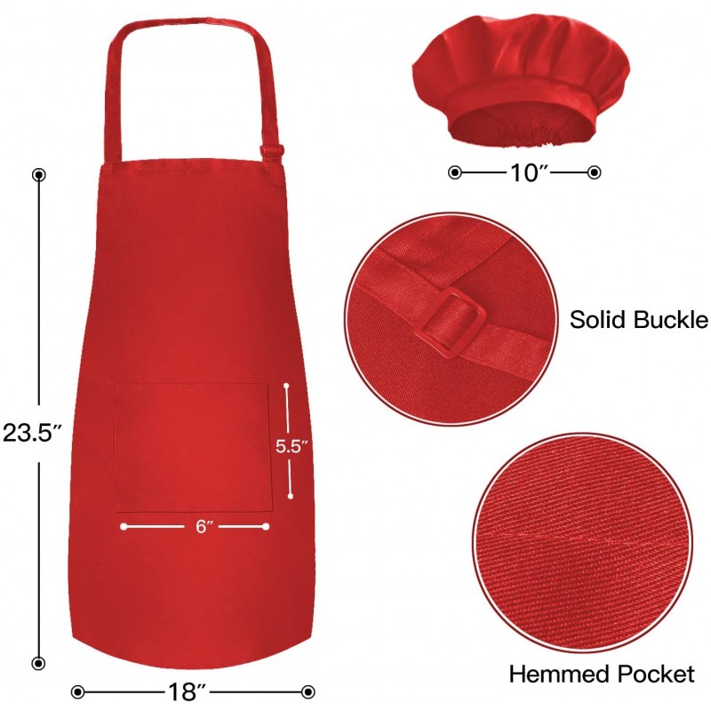 Novelty Place Kid's Apron with Chef Hat Set (3 Set) - 아동용 턱받이와 포켓 피부 친화적인 원단 - 요리, 베이킹, 페인팅, 트레이닝복 - 아동용 사이즈(6-12세, 빨강) : 가정 및 주방