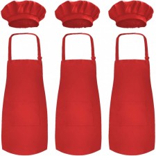 Novelty Place Kid's Apron with Chef Hat Set (3 Set) - 아동용 턱받이와 포켓 피부 친화적인 원단 - 요리, 베이킹, 페인팅, 트레이닝복 - 아동용 사이즈(6-12세, 빨강) : 가정 및 주방
