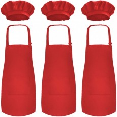 Novelty Place Kid's Apron with Chef Hat Set (3 Set) - 아동용 턱받이와 포켓 피부 친화적인 원단 - 요리, 베이킹, 페인팅, 트레이닝복 - 아동용 사이즈(6-12세, 빨강) : 가정 및 주방