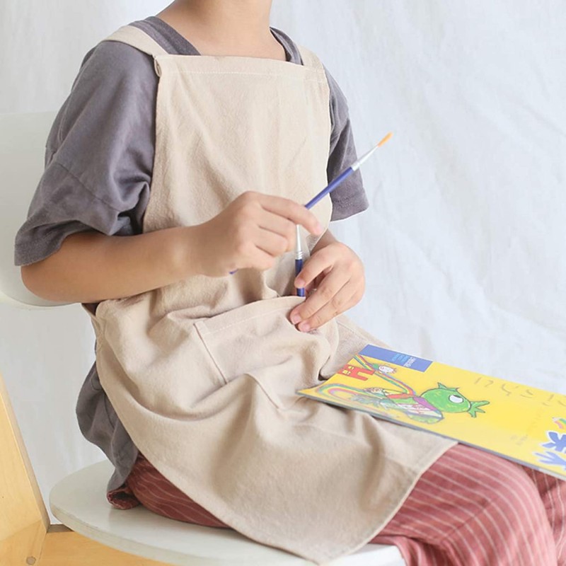 어린이 코튼 크로스 백 앞치마 일본식 턱받이 홈 의류 페인팅 Soft Comfort Pinafore Apron for Girls Boys (khaki, 21.6×21.6inch) : 가정 및 주방