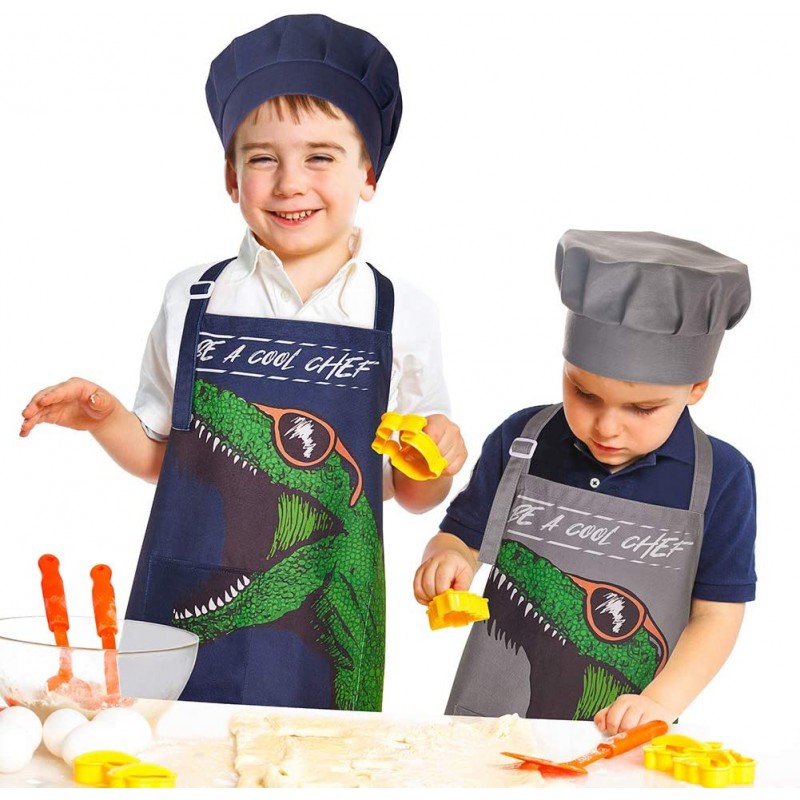 MHJY Kids Apron Chef Hat Set for Boys Dinosaur Aprons with 조절 가능한 끈 2 Pockets, 어린이 앞치마