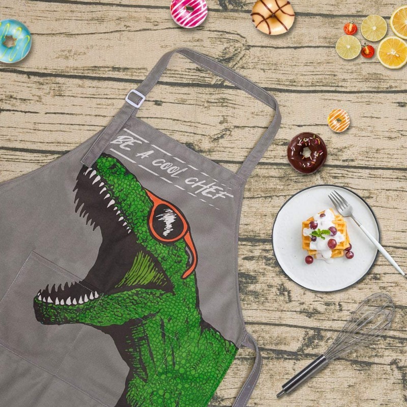 MHJY Kids Apron Chef Hat Set for Boys Dinosaur Aprons with 조절 가능한 끈 2 Pockets, 어린이 앞치마