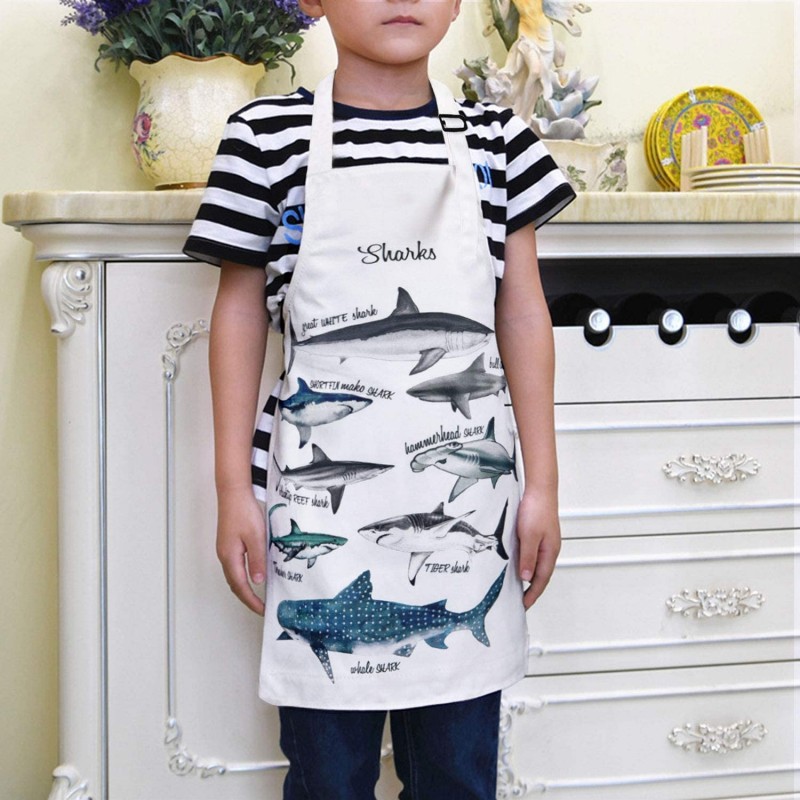 Claswcalor 상어 앞치마-어린이 베이킹 앞치마-파티 요리를위한 조절 가능한 목이있는 방수 어린이 앞치마 원예 그림 공예: 가정 및 주방