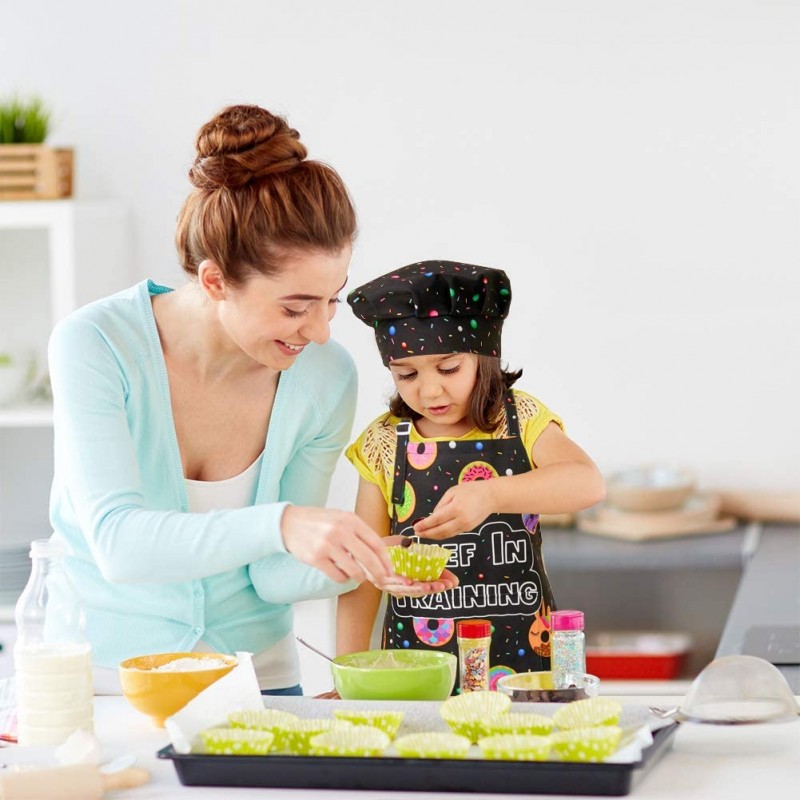 MHJY Kids Apron Chef Hat Set for Girls, 조정 가능한 요리 주방 앞치마 (베이킹 페인팅 용 포켓 포함) 원예, 블랙, 대형 (8-12 세) : 가정 및 주방