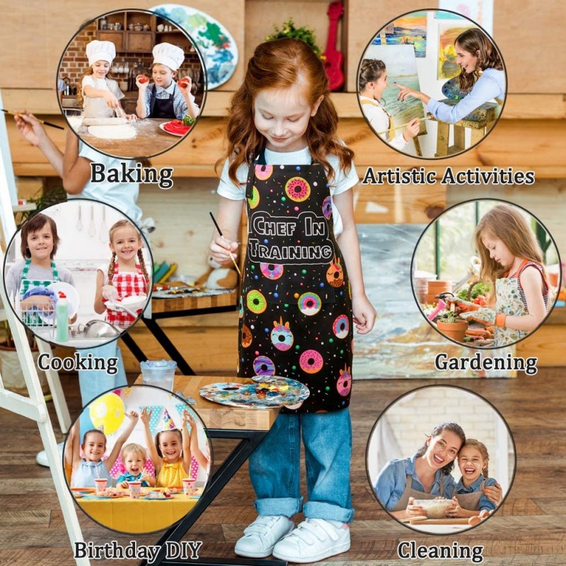 MHJY Kids Apron Chef Hat Set for Girls, 조정 가능한 요리 주방 앞치마 (베이킹 페인팅 용 포켓 포함) 원예, 블랙, 대형 (8-12 세) : 가정 및 주방