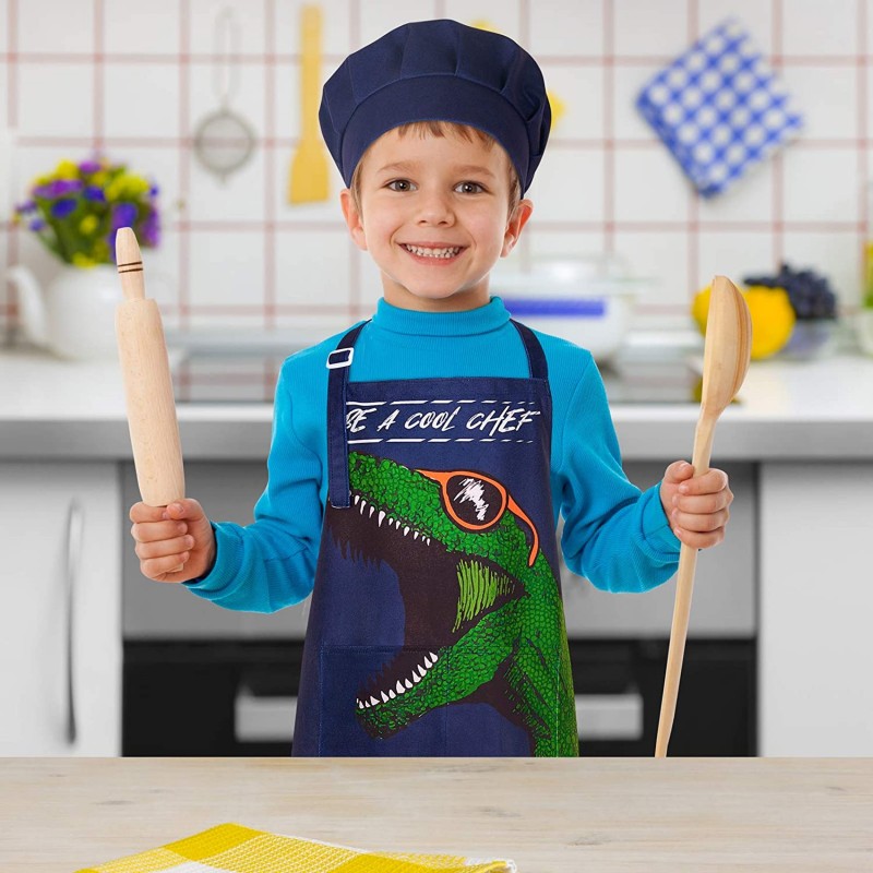 베이킹 공룡 앞치마와 요리사 모자 세트를 요리하는 소년을 위한 재단사 어린이 앞치마, 2개의 주머니가 있는 조절 가능한 스트랩, 3-7세, 네이비: 가정 및 주방
