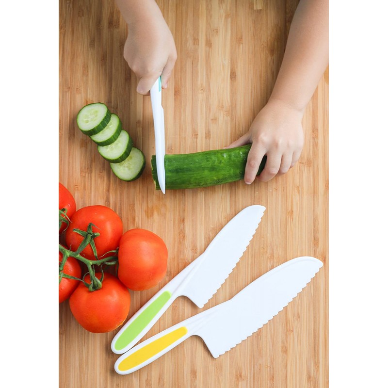 Tovla Jr. 어린이용 칼 3종 나일론 주방 베이킹 칼 세트: 3가지 크기 및 색상의 어린이 요리 칼/단단한 그립, 톱니 모양의 가장자리, BPA가 함유되지 않은 어린이 칼(칼 크기별로 색상이 다름): 가정 및 주방