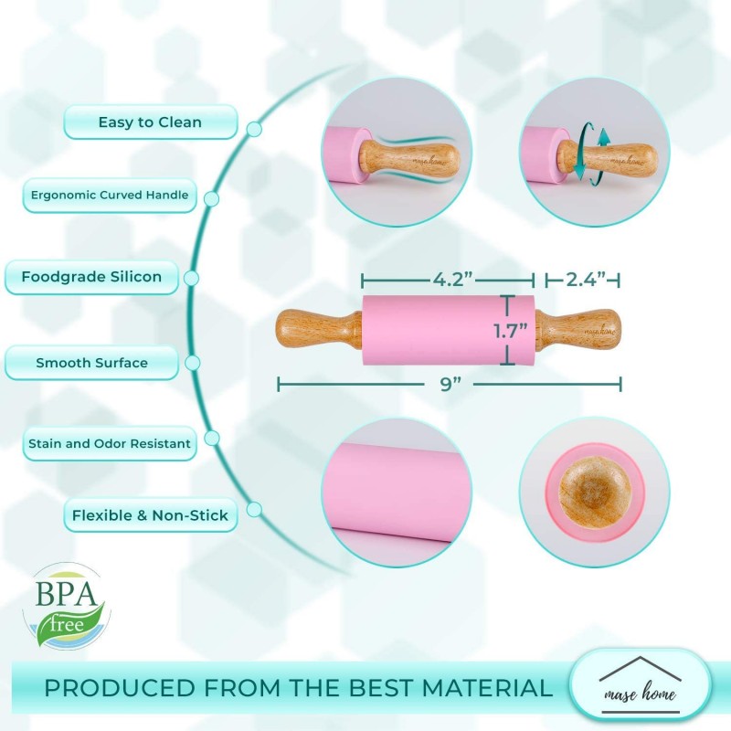 어린이 베이킹용 미니 실리콘 롤링 핀 - 논스틱 표면 나무 손잡이(9
