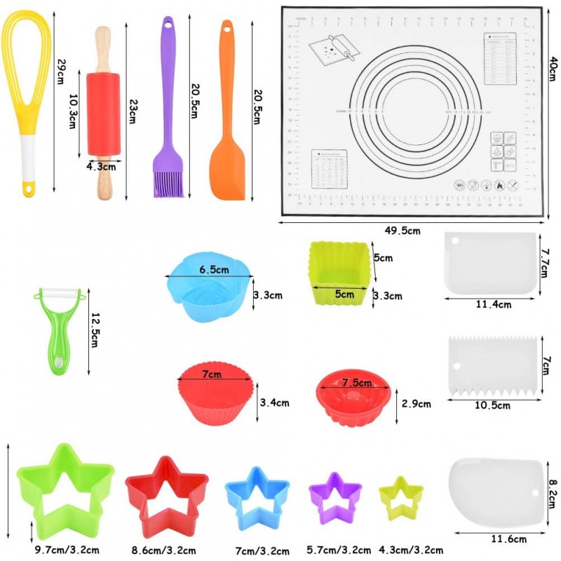 WOWOSS 어린이 요리 및 베이킹 세트 33 pcs 주방 콤보 키트, 붙지 않는 롤링 핀, 실리콘 페이스트리 매트, 실리콘 케이크 몰드 컵, 유아 청소년을 위한 실제 주방 용품 키트, 소녀 및 소년을 위한 선물: 가정 및 주방