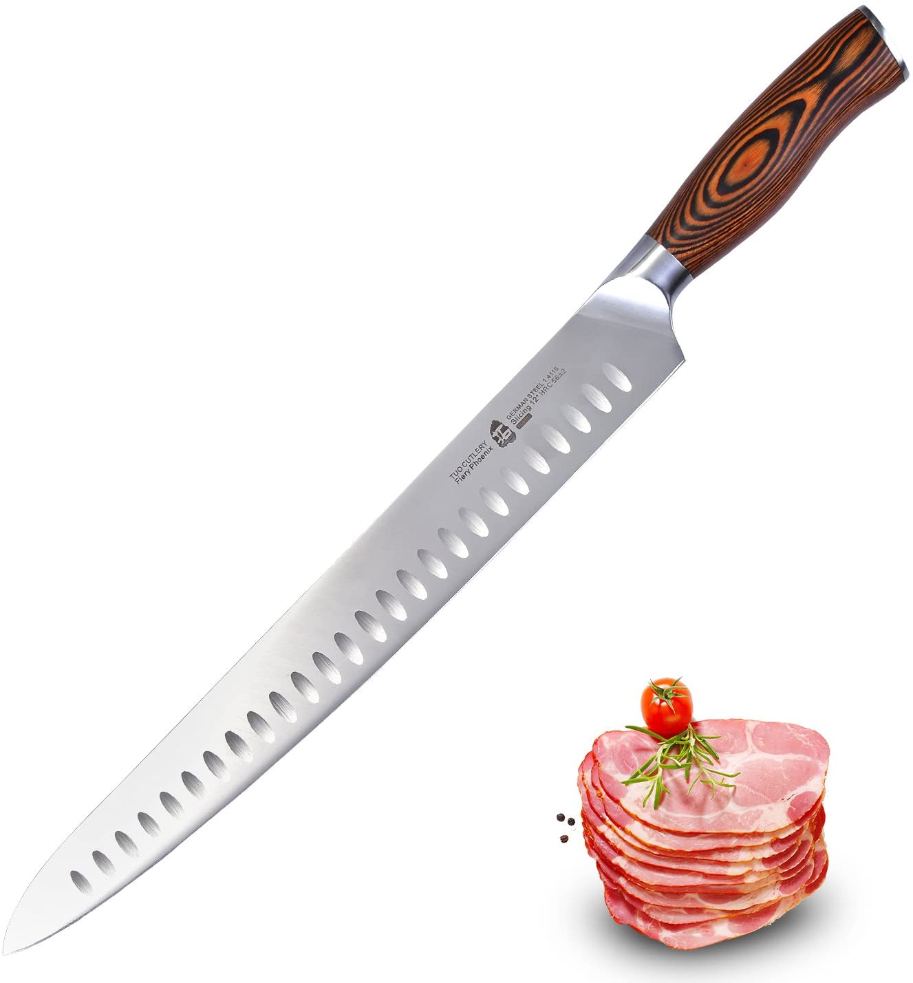 TUO 칼 슬라이스 조각 칼 - HC 독일 스테인레스 스틸 - 인체 공학적 Pakkawood 손잡이가있는 고기 칼 - Fiery 시리즈