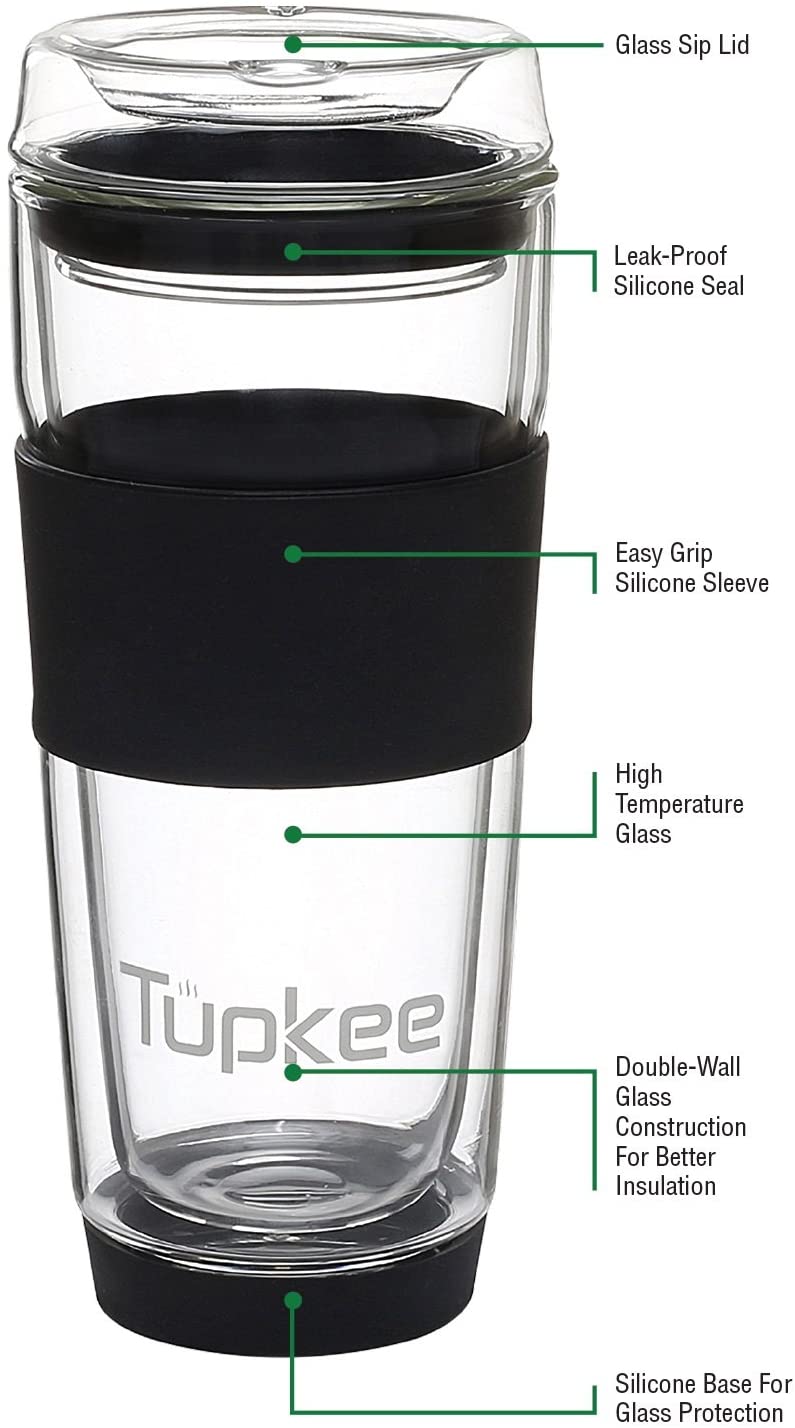 Tupkee 이중 벽 유리 텀블러 - 모든 유리 재사용 가능한 절연 차 / 커피 머그잔 및 뚜껑, 손으로 불어 유리 잔 이동 찻잔, 14 온스, 검정
