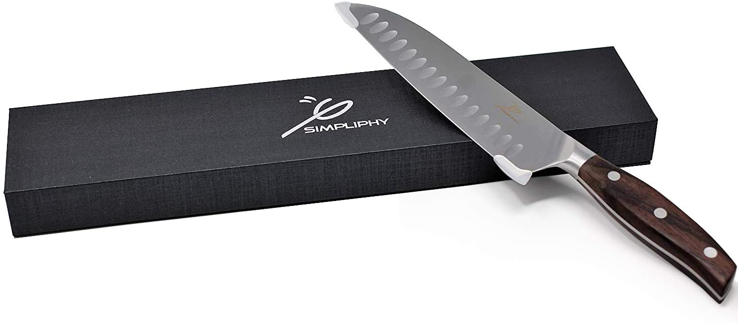 SimpliPHY Santoku, 손으로 만들어진 최고급 고급 주방 일식 쉐프 나이프, 독일 1.4116 가정 및 전문 요리사 용 정품 로즈 우드 손잡이가있는 스테인리스 스틸, 7 