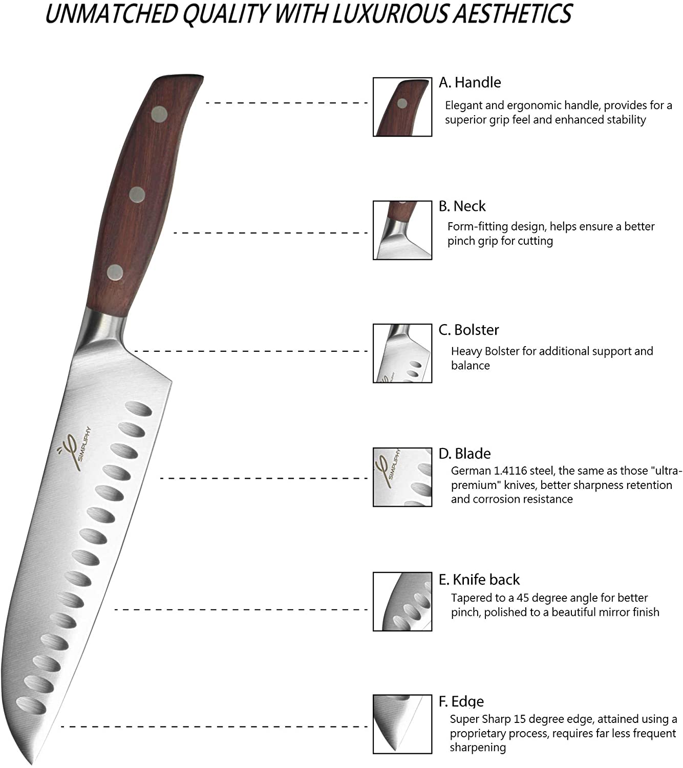 SimpliPHY Santoku, 손으로 만들어진 최고급 고급 주방 일식 쉐프 나이프, 독일 1.4116 가정 및 전문 요리사 용 정품 로즈 우드 손잡이가있는 스테인리스 스틸, 7 