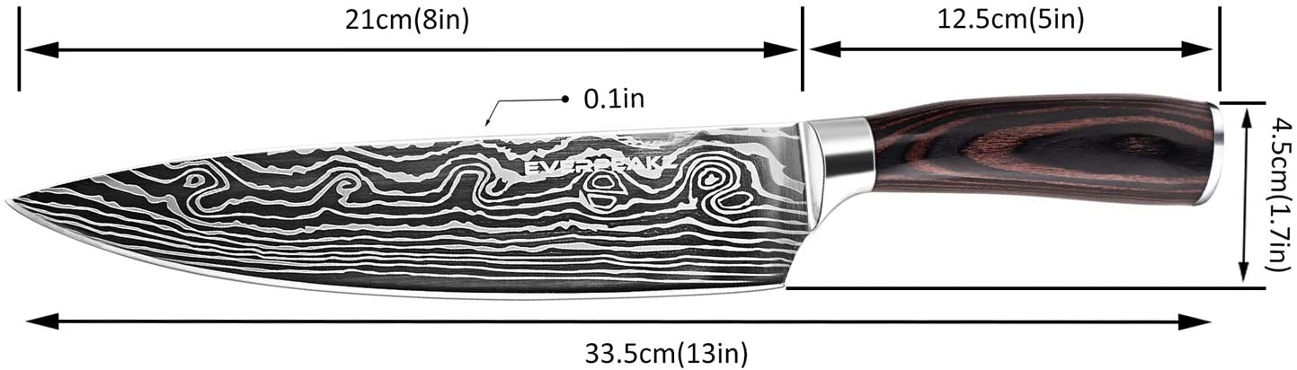 EVERPEAKZ 요리사 칼, 최고 품질의 높은 탄소 스테인레스 스틸, 레이저 에칭 다마스커스 패턴, 컬러 - 우드 손잡이, 8 