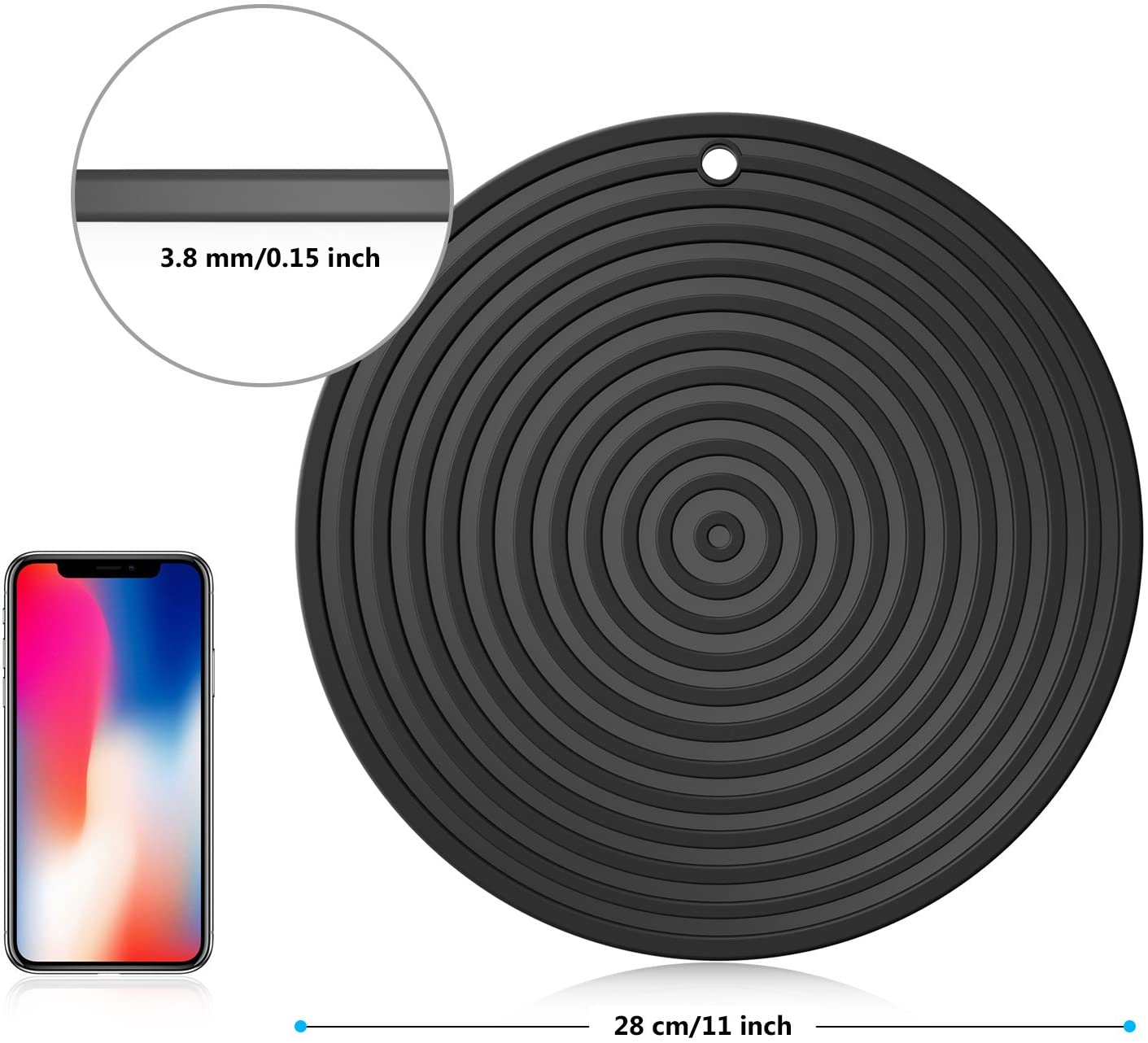 ME.FAN 11 ''대형 실리콘 리플 Trivet 매트, Potholder, 핫 패드, 스푼 레스트, Jar Opener & Coaster, 최대 내열 480F, 유연, 내구성 및 미끄럼 방지 (검정색)