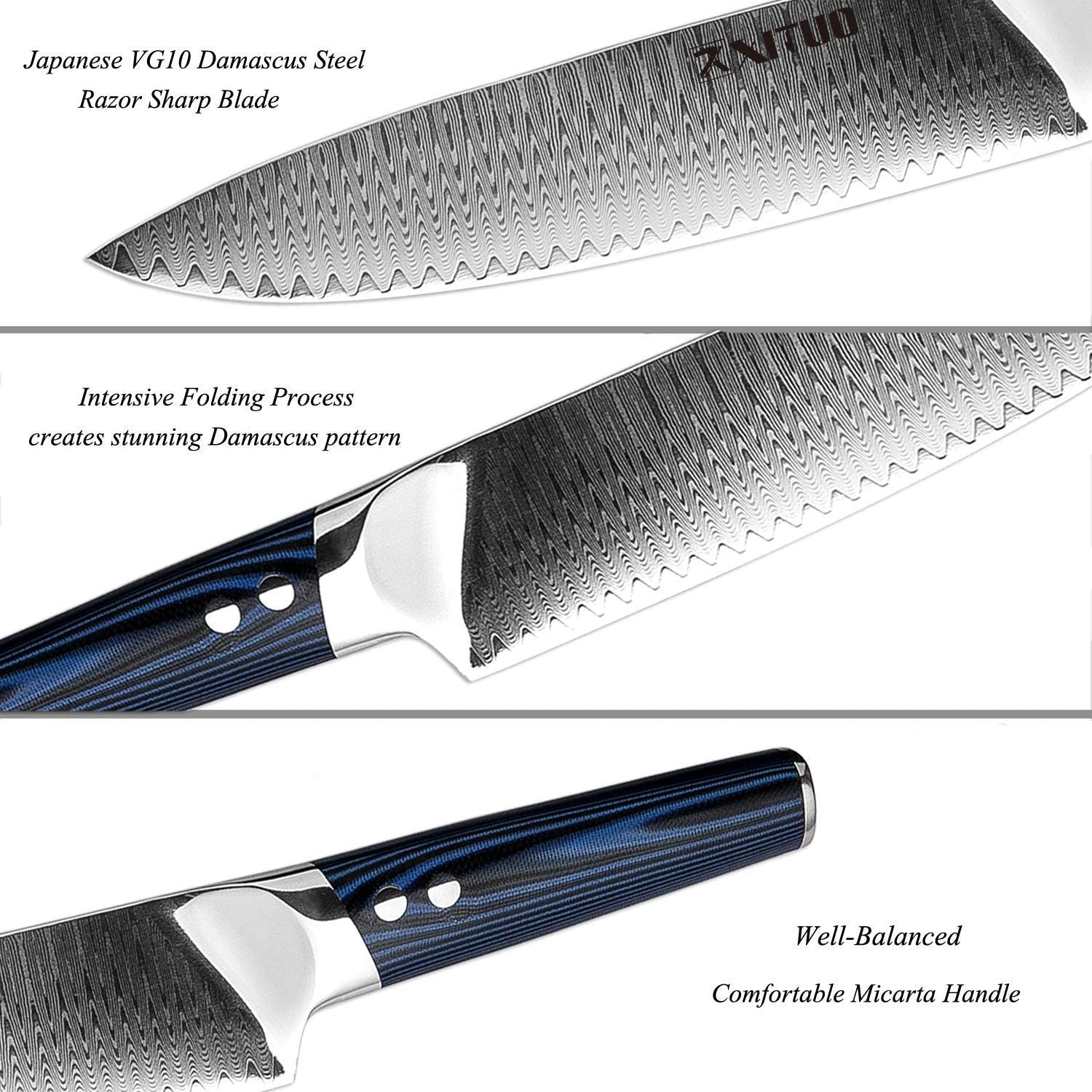 XITUO 8 인치 주방장 칼 일본 VG 10 고 탄소 다마스커스 스테인레스 스틸 주방 칼, 인체 공학적 Micarta 손잡이와 면도날 날카로운 칼날, 육류, 과일 및 야채 취급