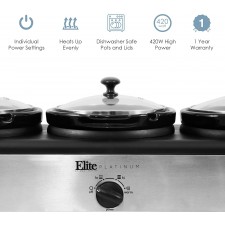 엘리트 플래티넘 EWMST-325 트리플 슬로우 쿠커 뷔페 서버, 조절 식 온도 식기 세척기 - 안전 타원형 세라믹 냄비, 뚜껑 달린 받침대, 3 x 2.5Tt 용량의 스테인레스 스틸