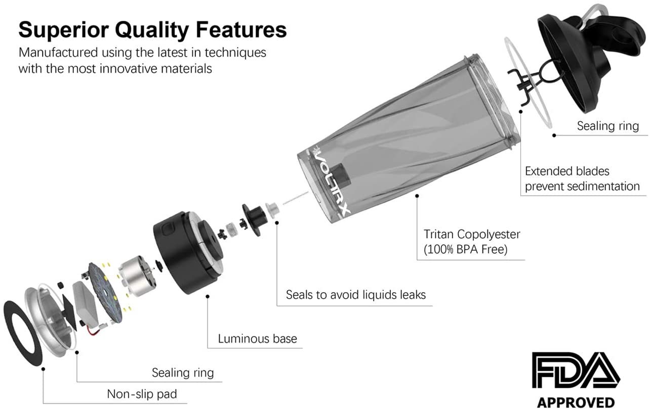 Tritan으로 만든 VOLTRX 프리미엄 전동 단백질 셰이커 병 - BPA Free - 단백질 셰이크 FDA 승인 (Black) 용 24 oz Vortex 휴대용 믹서 컵 / USB 충전식 셰이커 컵