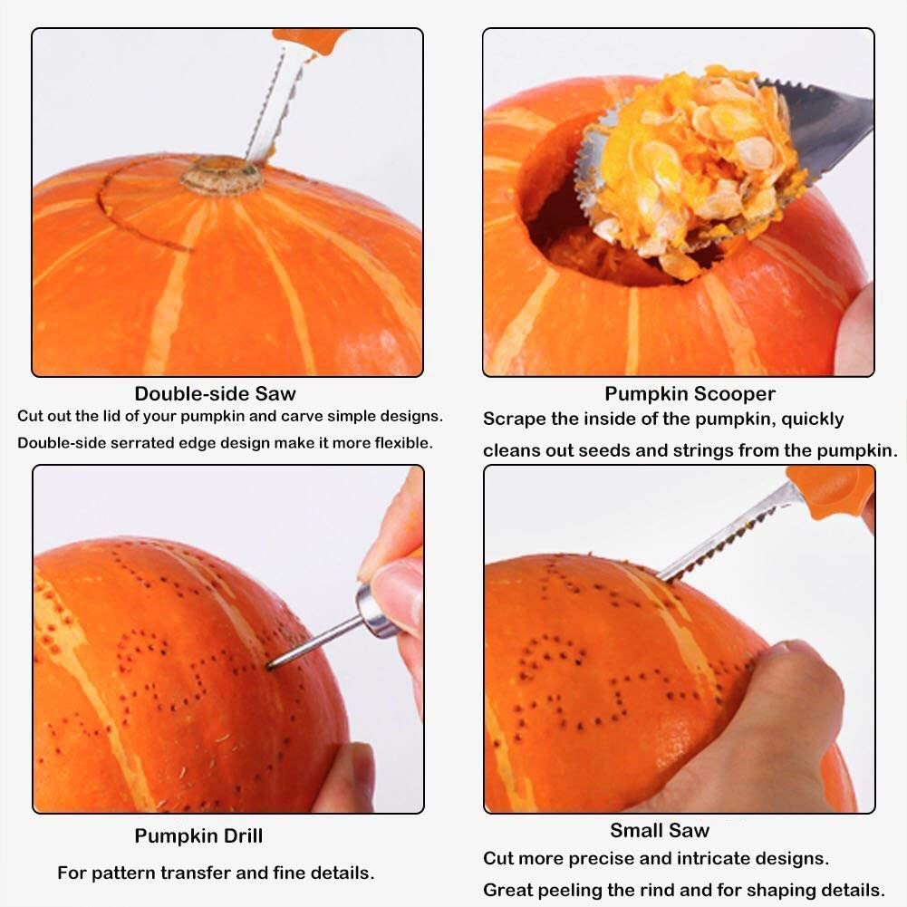 할로윈 전문 호박 조각 도구 키트 스테인레스 스틸 절단 용품 튼튼한 조각 세트 10 스텐실 오렌지와 5 조각