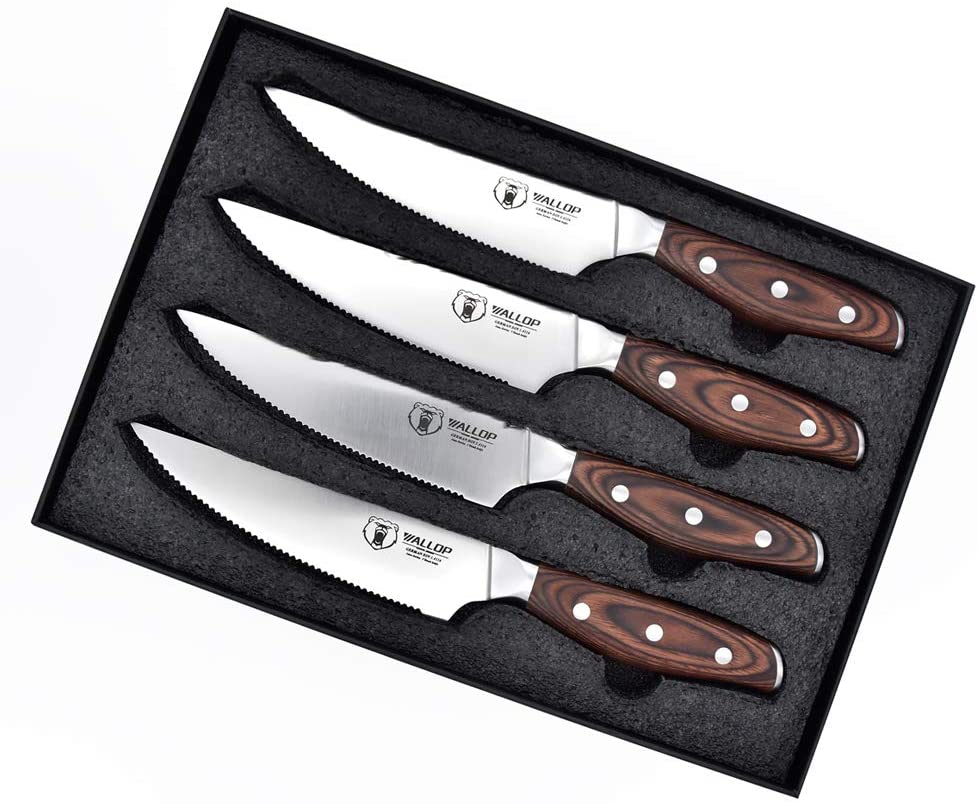 고위 스테이크 나이프 세트 (4 PCS), 톱니 모양 엣지 고 탄소 독일 스테인레스 스틸, Pakka Wood Handle 인체 공학 디자인 WALLOP