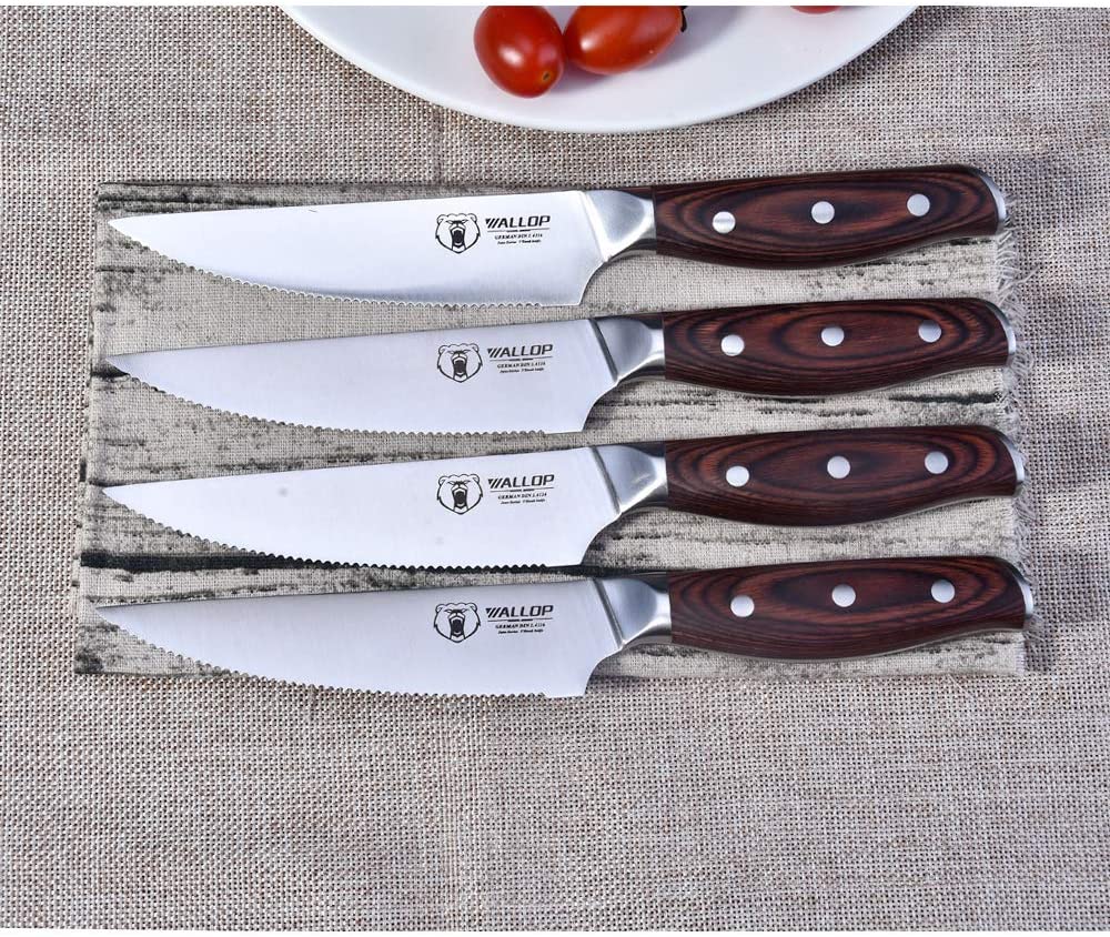 고위 스테이크 나이프 세트 (4 PCS), 톱니 모양 엣지 고 탄소 독일 스테인레스 스틸, Pakka Wood Handle 인체 공학 디자인 WALLOP